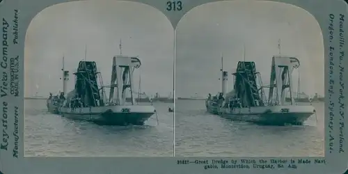 Stereo Ak Montevideo Uruguay, Dredging the Harbor, Baggerschiff im Hafen