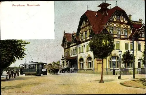 Ak Raschwitz Markkleeberg in Sachsen, Forsthaus, Inh. Paul Orlin, Straßenbahn, Kutschen