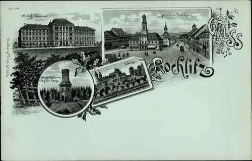 Mondschein Litho Rochlitz an der Mulde, Schloss, Markt, Rathaus, Königl. Seminar