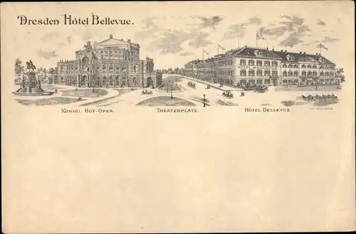 Litho Dresden Altstadt, Königl. Hofoper, Theaterplatz, Hotel Bellevue