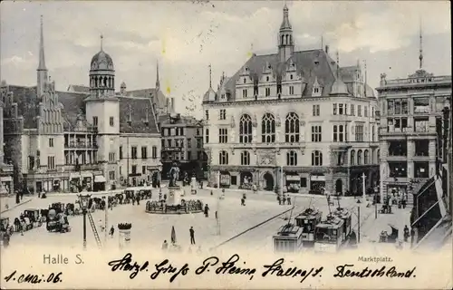 Ak Halle an der Saale, Marktplatz, Straßenbahnen, Denkmal