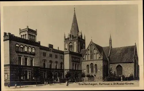 Ak Gryfino Greifenhagen Pommern, Rathaus, St. Nicolai Kirche