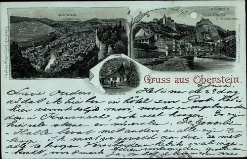 Mondschein Litho Oberstein an der Nahe, Panorama, Neues Schloss, Felsenkirche, Hütte