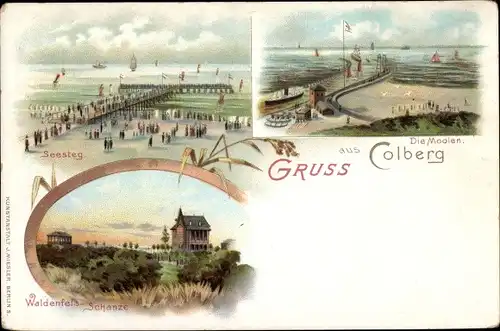 Litho Kolberg Kołobrzeg Pommern, Molen, Seesteg, Waldenfels Schanze