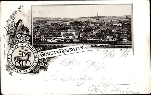 Litho Roßwein in Sachsen, Gesamtansicht, Wappen