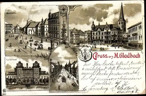 Litho Mönchengladbach, Marktplatz, Krefelder Straße, Kaiserbad