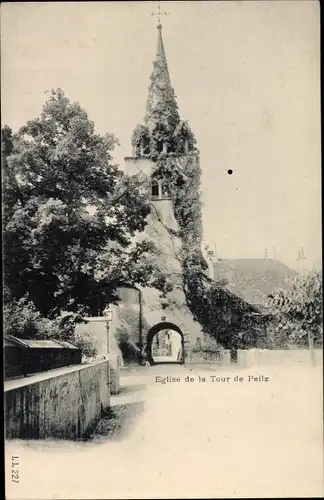 Ak La Tour de Peilz Kt. Waadt Schweiz, Eglise,Straßenpartie mit Blick auf Kirche