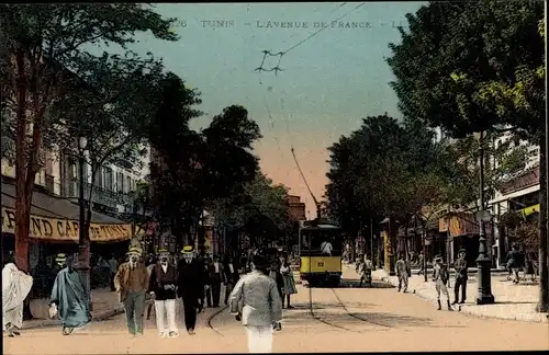 Ak Tunis Tunesien, L'Avenue de France, Straßenbahn