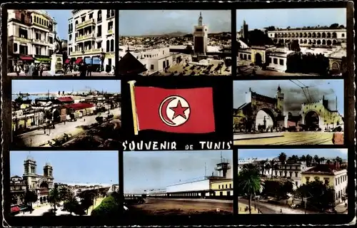 Ak Tunis Tunesien, Tunesische Fahne, Stadtansichten