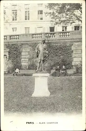 Ak Paris XVII, Rue de Rocqueville, Statue Alain Chartier