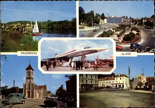 Ak Villeneuve le Roi Val de Marne, Passagiere am Flugzeug, Kirche, Straßenpartie