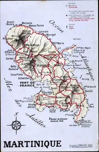 Landkarten Ak Martinique, Fort de France, Océan Atlantique, Lorrain, Marigot, Basse Pointe, Macouba