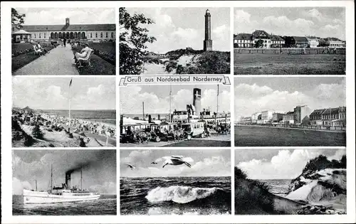 Ak Norderney, Dampfschiff, Strandaufnahmen, Leuchtturm, Möwe, Dünen