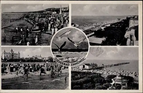 Ak Ostseebad Zinnowitz auf Usedom, Strandpartie, Möwen, Anlegestelle