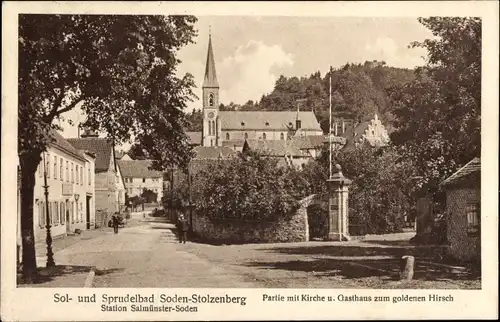 Ak Bad Soden Salmünster in Hessen, Stolzenberg, Partie mit Kirche u. Gasthaus zum goldenen Hirsch