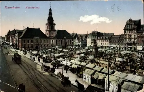 Ak Mannheim in Baden Württemberg, Marktplatz mit Rathaus, Straßenbahn