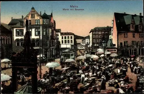 Ak Mainz in Rheinland Pfalz, Markt mit Brunnen