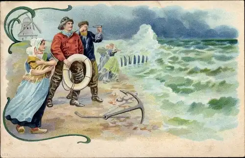 Litho Seeleute an der Küste, Frauen in Tracht, Windmühle