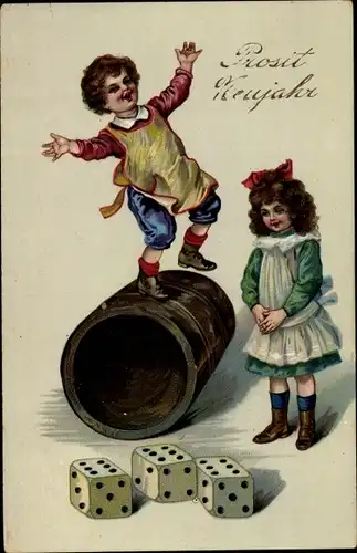 Ak Glückwunsch Neujahr, Kinder, Würfelbecher, Spielwürfel