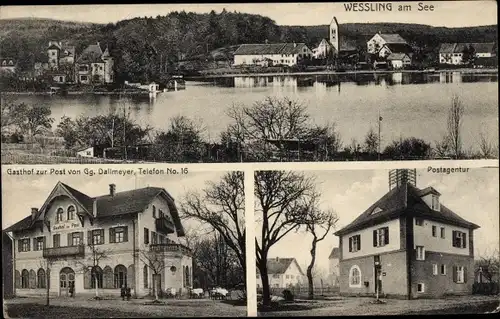 Ak Wessling Weßling Oberbayern, Postagentur, Gasthof zur Post, Blick auf den Ort