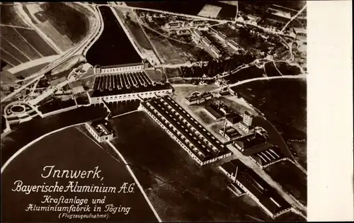 Ak Töging am Inn Oberbayern, Innwerk, Bayerische Aluminium AG, Kraftanlage, Fabrik, Fliegeraufnahme