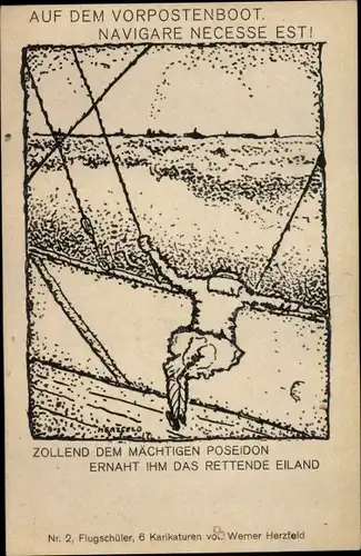 Künstler Ak Herzfeld, Werner, Flugschüler Nr. 2, Karikatur, Auf dem Vorpostenboot