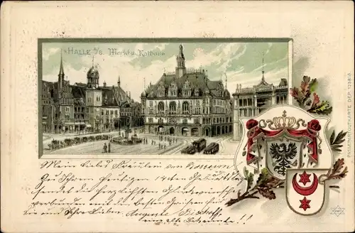 Präge Wappen Litho Halle an der Saale, Markt, Rathaus