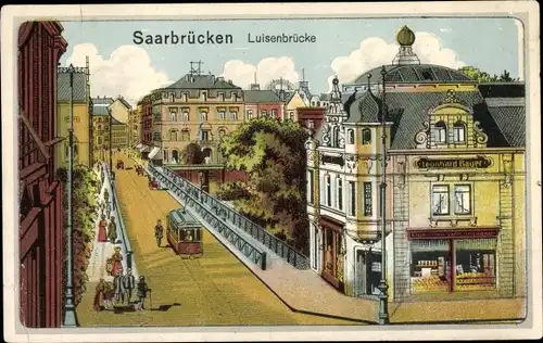 Künstler Ak Saarbrücken im Saarland, Partie auf der Luisenbrücke, Geschäft Leonhard Bauer