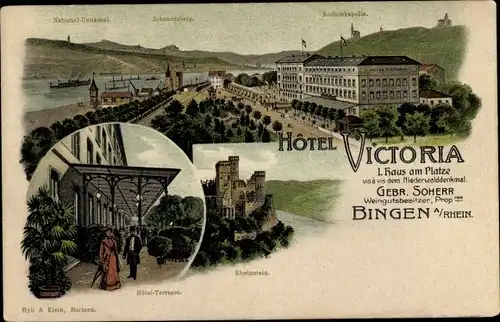 Litho Bingen, Hotel Victoria, Inh. Gebr. Soherr, Johannisberg, Rochuskapelle, Rheinstein