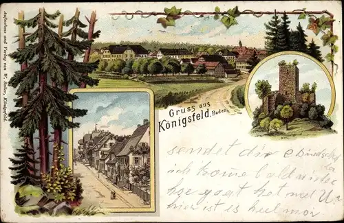 Litho Königsfeld im Schwarzwald Baden, Gesamtansicht, Burgruine