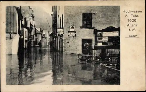 Ak Altena im Märkischen Kreis, Hochwasser im Februar 1909, Straßenpartie, Geschäftshaus