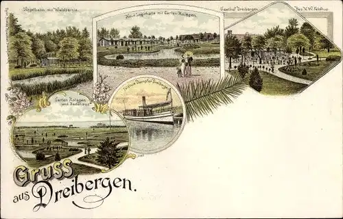 Litho Dreibergen Bad Zwischenahn in Niedersachsen, Gasthof, Kegelbahn mit Waldpartie