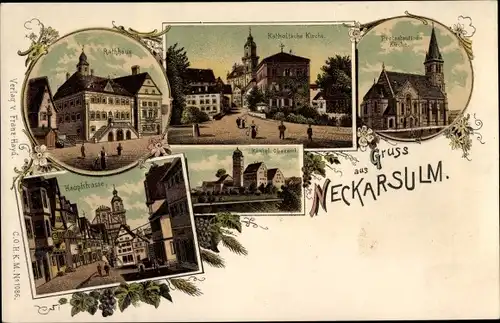 Litho  Neckarsulm in Baden Württemberg Rathaus Hauptstraße königliches Oberamt Kath. u. Ev. Kirche