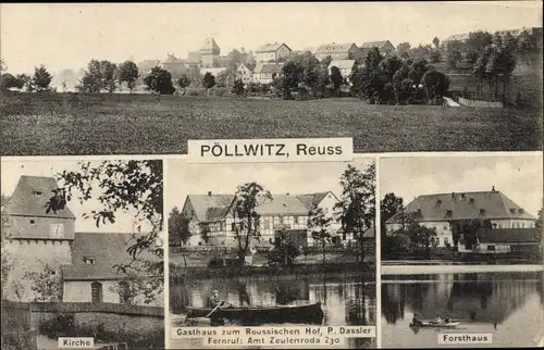 Ak Pöllwitz Zeulenroda in Thüringen, Gesamtansicht, Kirche, Forsthaus, Gasthaus zum Reußischen Hof