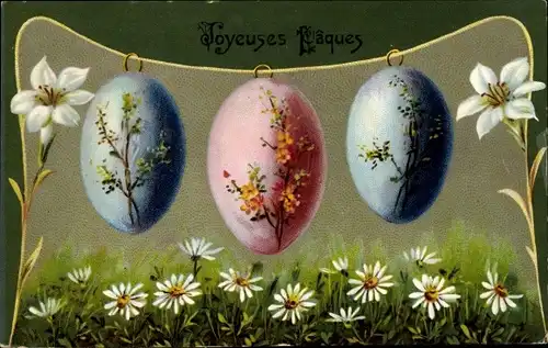 Präge Litho Glückwunsch Ostern, Ostereier und Blumen