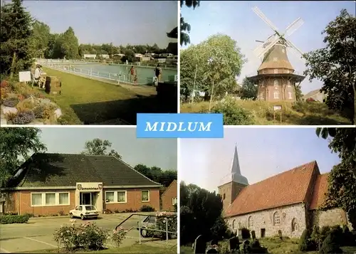 Ak Midlum Wurster Nordseeküste, Windmühle, Gemeindehaus, Schwimmbad, Kirche
