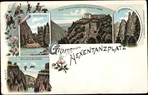 Litho Thale im Harz Sachsen Anhalt, Hexentanzplatz, Hotel, Hirschgrund, Kronentempel Hexen