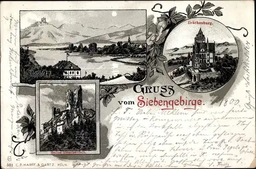 Mondschein Litho Königswinter, Ruine Drachenfels, Drachenburg