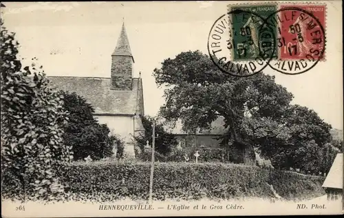 Ak Hennequeville Calvados, L'Eglise et le Gros Cedre