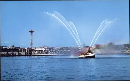 Ak Seattle Washington USA, Fire boat demonstration on Puget Sound