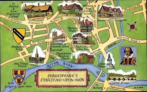 Landkarten Ak Stratford upon Avon Warwickshire England, Shakespeare, Wappen, Häuser