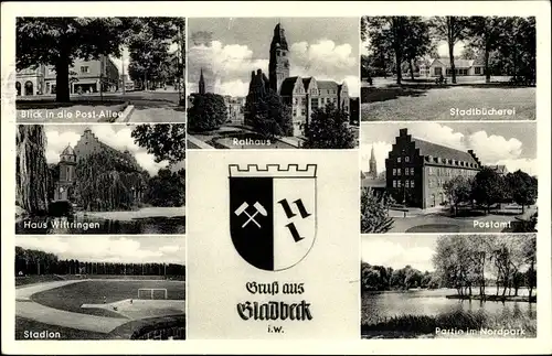 Wappen Ak Gladbeck im Ruhrgebiet Nordrhein Westfalen, Stadion, Post, Bibliothek, Rathaus