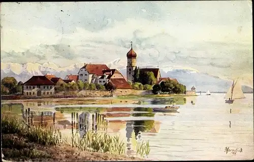 Künstler Ak Marschall, J., Wasserburg am Bodensee, Blick auf den Ort, Segelboot