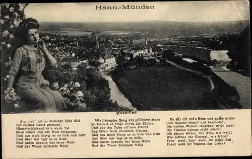Lied Ak Hann. Münden in Niedersachsen, Vogelschau auf die Stadt, Frau, Weserlied