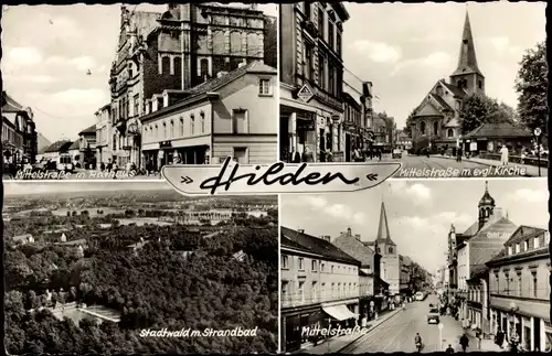 Ak Hilden im Rheinland, Mittelstraße, Rathaus, Ev. Kirche, Stadtwald, Strandbad