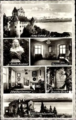 Ak Meersburg am Bodensee, Altes Schloß, Droste Denkmal, Turmzimmer, Sterbezimmer, Droste Grab