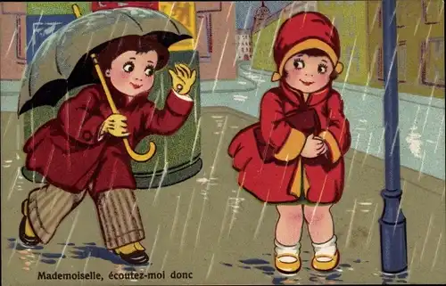Ak Mademoiselle, ecoutez moi donc, Mann mit Regenschirm, Frau im Regen