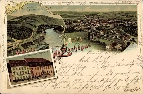 Litho Zschopau im Erzgebirge Sachsen, Gesamtansicht, Rathaus, Hotel Stadt Wien, Bahnhof