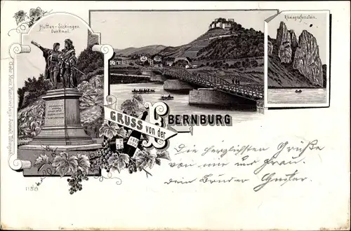 Litho Bad Münster Ebernburg, Rheingrafenstein, Hutten-Sickingen Denkmal, Brücke