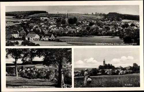 Ak Ellar Waldbrunn Westerwald, Blick von der Burg auf den Ort, Kirche, Wald, Felder